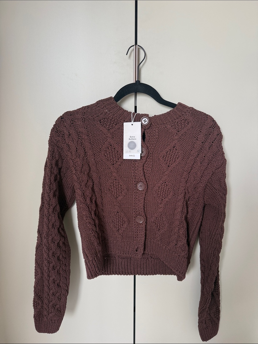 Mango Cable-Knit Cropped Cardigan in Mauve Brown